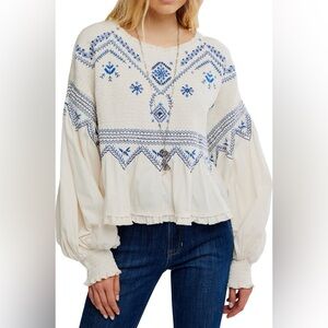 Free People Holly Smocked Embroidered Top Eggnog Combo Small